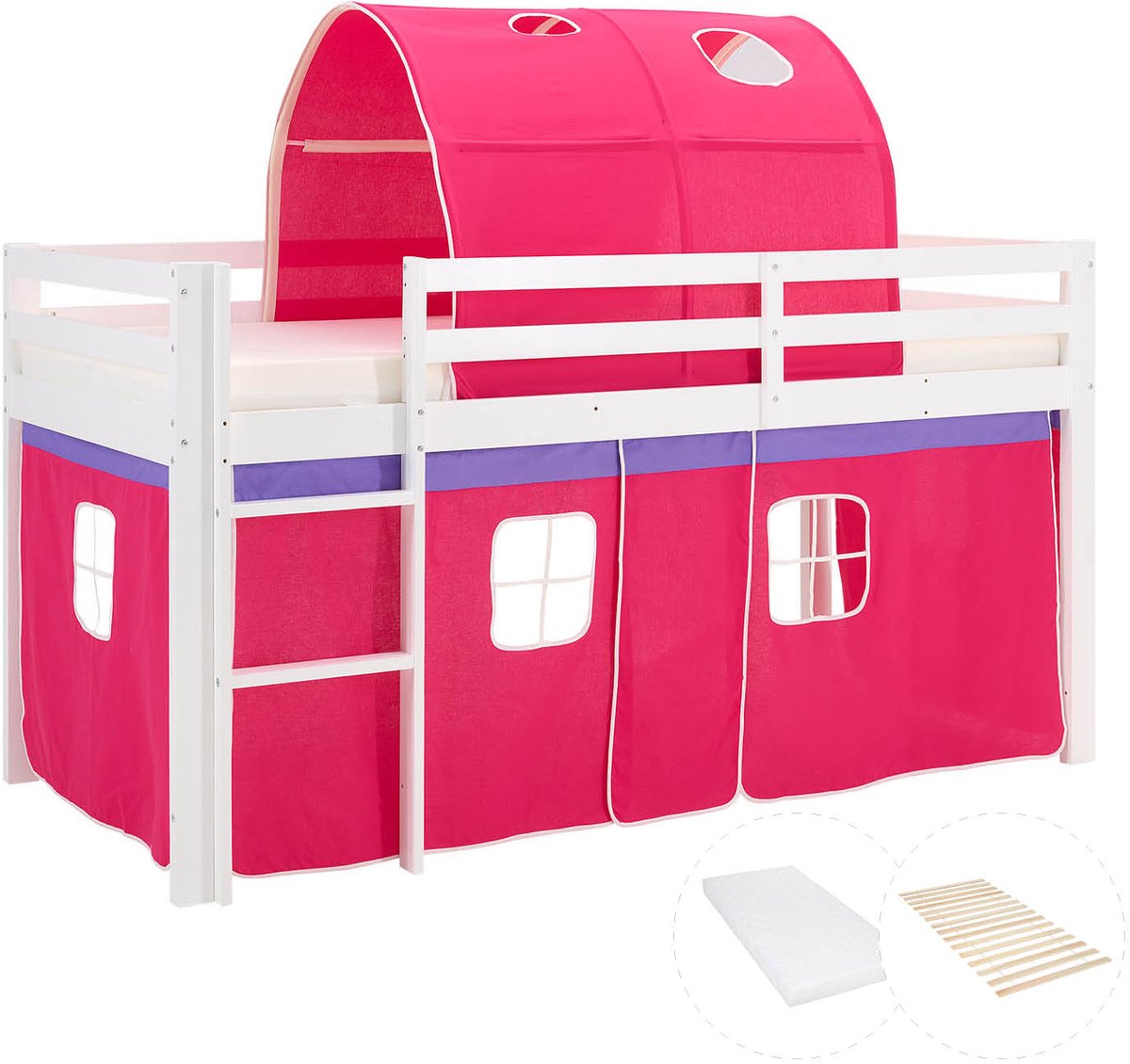 Homestyle4u Hoogslaper - 90x200 cm - met matras - tunnel - roze gordijn en lattenbodem Wit