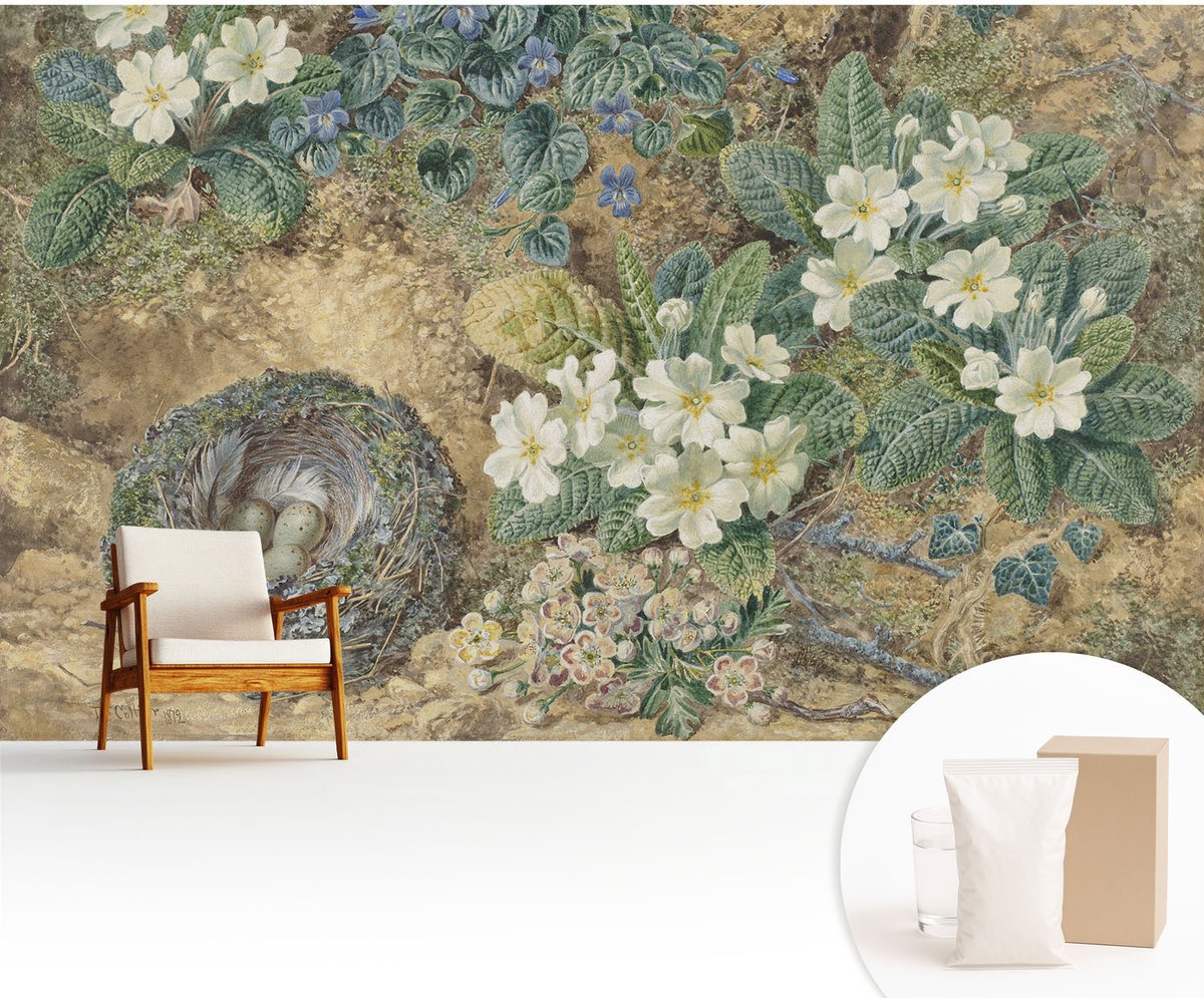 Wallfluent Fotobehang - Wit Vliesbehang - 416x254 cm - Lente Compositie Fotobehang Vlies - Hal behang Bloemen En Planten - Muurschildering - Woonkamer behang
