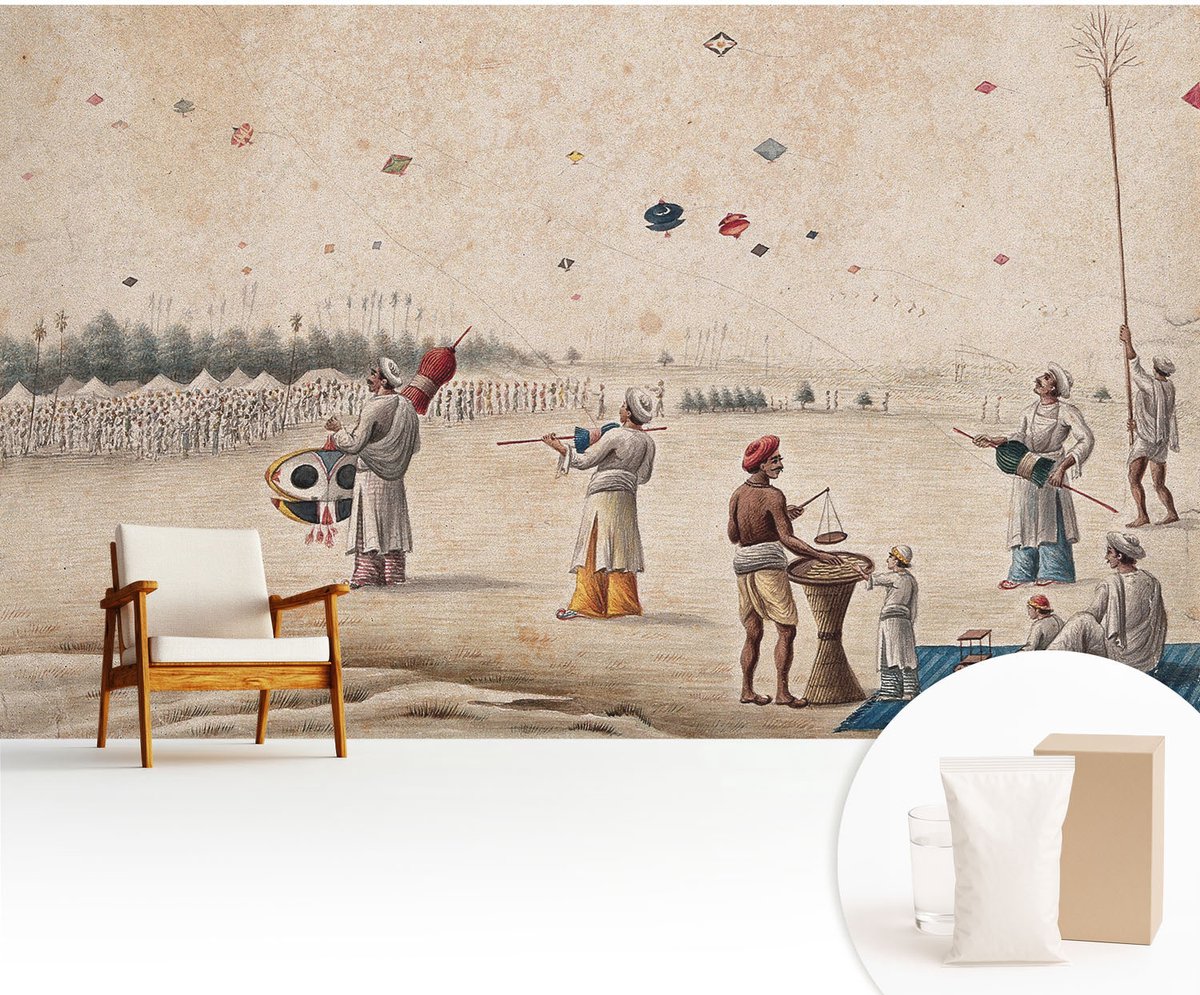 Wallfluent Fotobehang - Beige Vliesbehang - 416x254 cm - Zweefvliegers Muurschildering - Slaapkamer behang Mensen - Fotobehang Vlies - Gang behang
