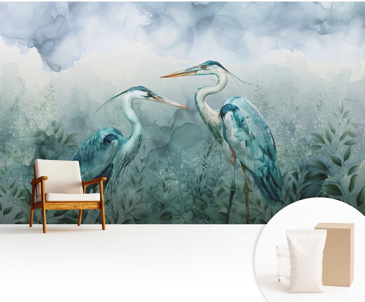 Wallfluent Fotobehang - Blauw Vliesbehang - 416x254 cm - Vogels Van De Natuur Muurschildering - Slaapkamer behang Dieren - Fotobehang Vlies - Slaapkamer behang
