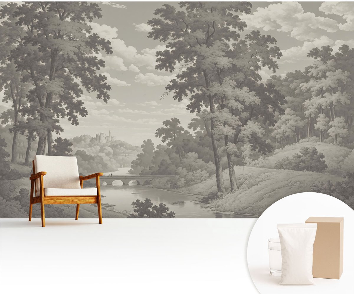 Wallfluent Fotobehang - Grijs Vliesbehang - 416x254 cm - Kasteel En Brug Fotobehang Vlies - Hal behang Landschappen - Muurschildering - Woonkamer behang