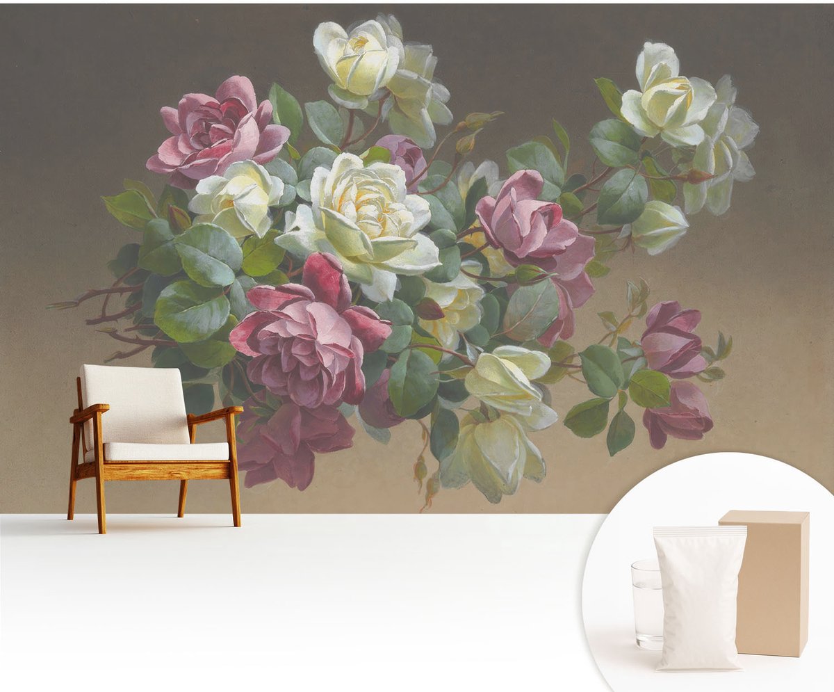 Wallfluent Fotobehang - Wit Vliesbehang - 416x254 cm - Bloemige Elegantie Muurschildering - Gang behang Bloemen En Planten - Fotobehang Vlies - Slaapkamer behang