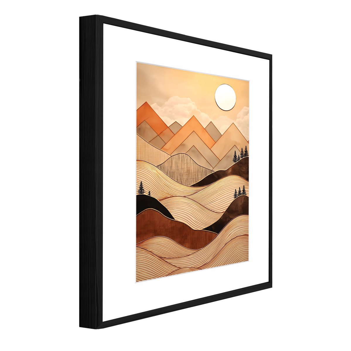 WALLARENA Schilderij met reliëf en passe-partout 40x30 cm - zwarte lijst - berglandschap in bohostijl - wanddecoratie voor woonkamer en slaapkamer Beige