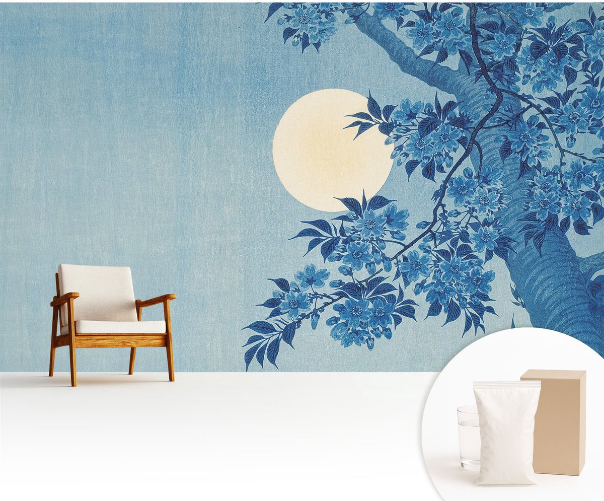 Wallfluent Fotobehang - Blauw Vliesbehang - 416x254 cm - Bloemenmaan Muurschildering - Slaapkamer behang Landschappen - Fotobehang Vlies - Gang behang