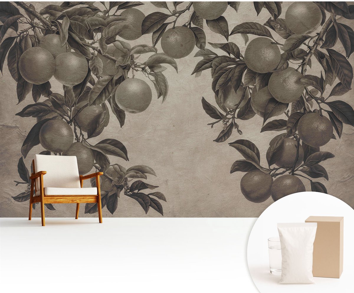 Wallfluent Fotobehang - Grijs Vliesbehang - 416x254 cm - Vruchtpatroon Muurschildering - Gang behang Bloemen En Planten - Fotobehang Vlies - Gang behang