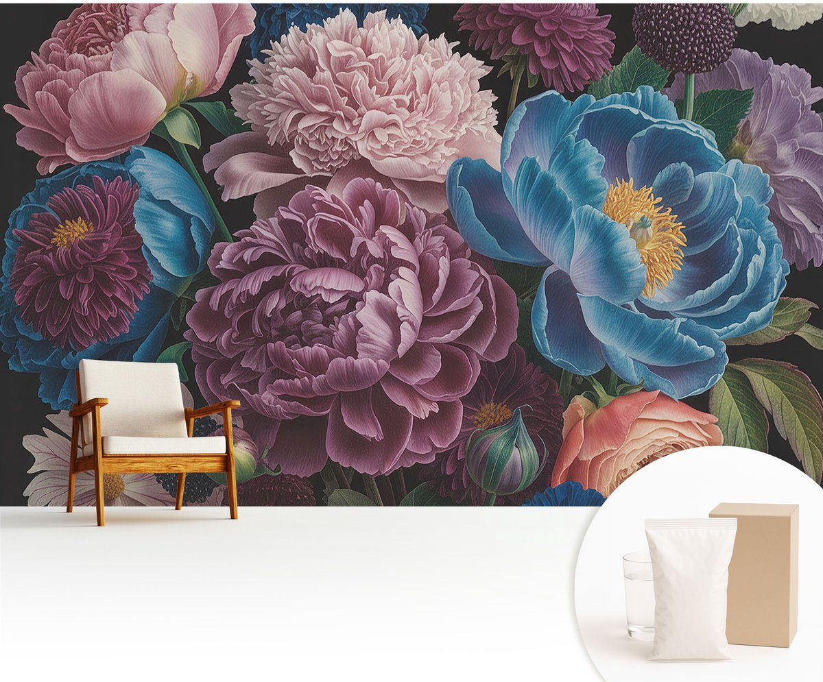 Wallfluent Fotobehang - Roze Vliesbehang - 416x254 cm - Kleurrijke Bloemen Muurschildering - Slaapkamer behang Bloemen En Planten - Fotobehang Vlies - Gang behang