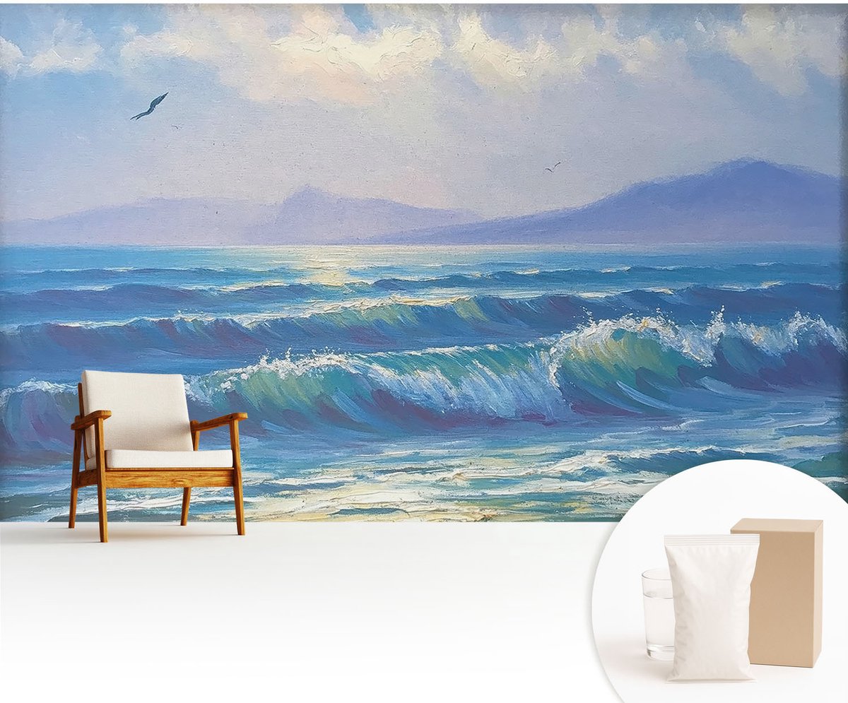 Wallfluent Fotobehang - Blauw Vliesbehang - 416x254 cm - Zeegolven Fotobehang Vlies - Hal behang Landschappen - Muurschildering - Hal behang