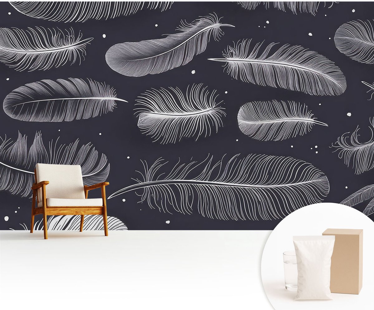 Wallfluent Fotobehang - Zwart-Wit Vliesbehang - 416x254 cm - Subtiele Veren Muurschildering - Slaapkamer behang Achtergronden En Patronen - Fotobehang Vlies - Slaapkamer behang