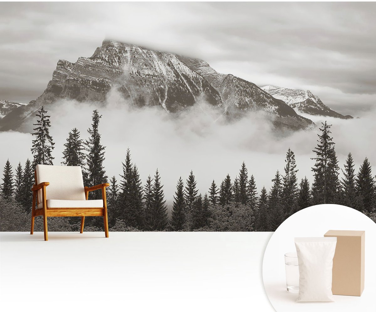 Wallfluent Fotobehang - Zwart-Wit Vliesbehang - 416x254 cm - Berglandschap Muurschildering - Gang behang Landschappen - Fotobehang Vlies - Slaapkamer behang
