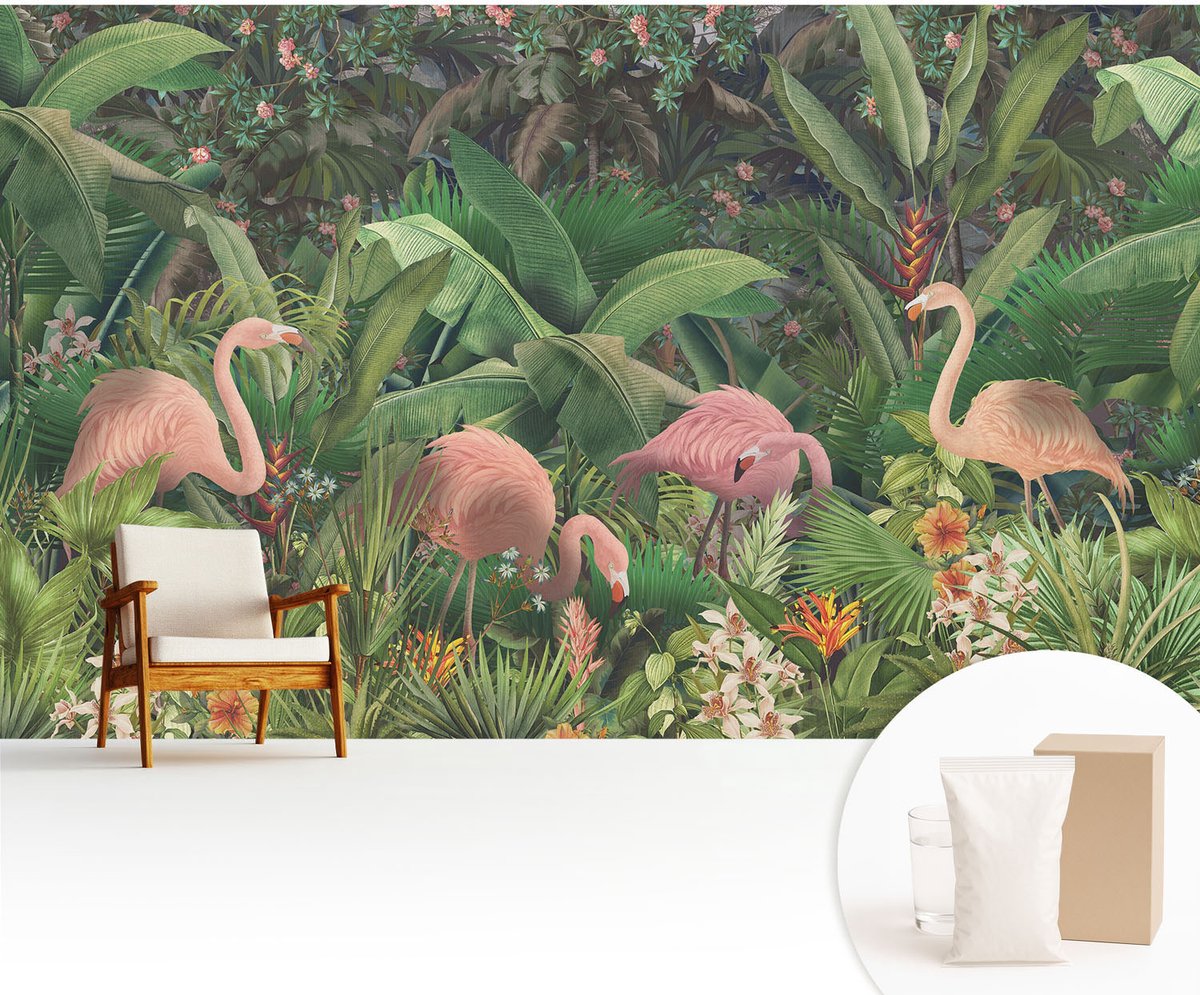 Wallfluent Fotobehang - Groente Vliesbehang - 416x254 cm - Roze Flamingo'S Fotobehang Vlies - Woonkamer behang Bloemen En Planten - Muurschildering - Hal behang