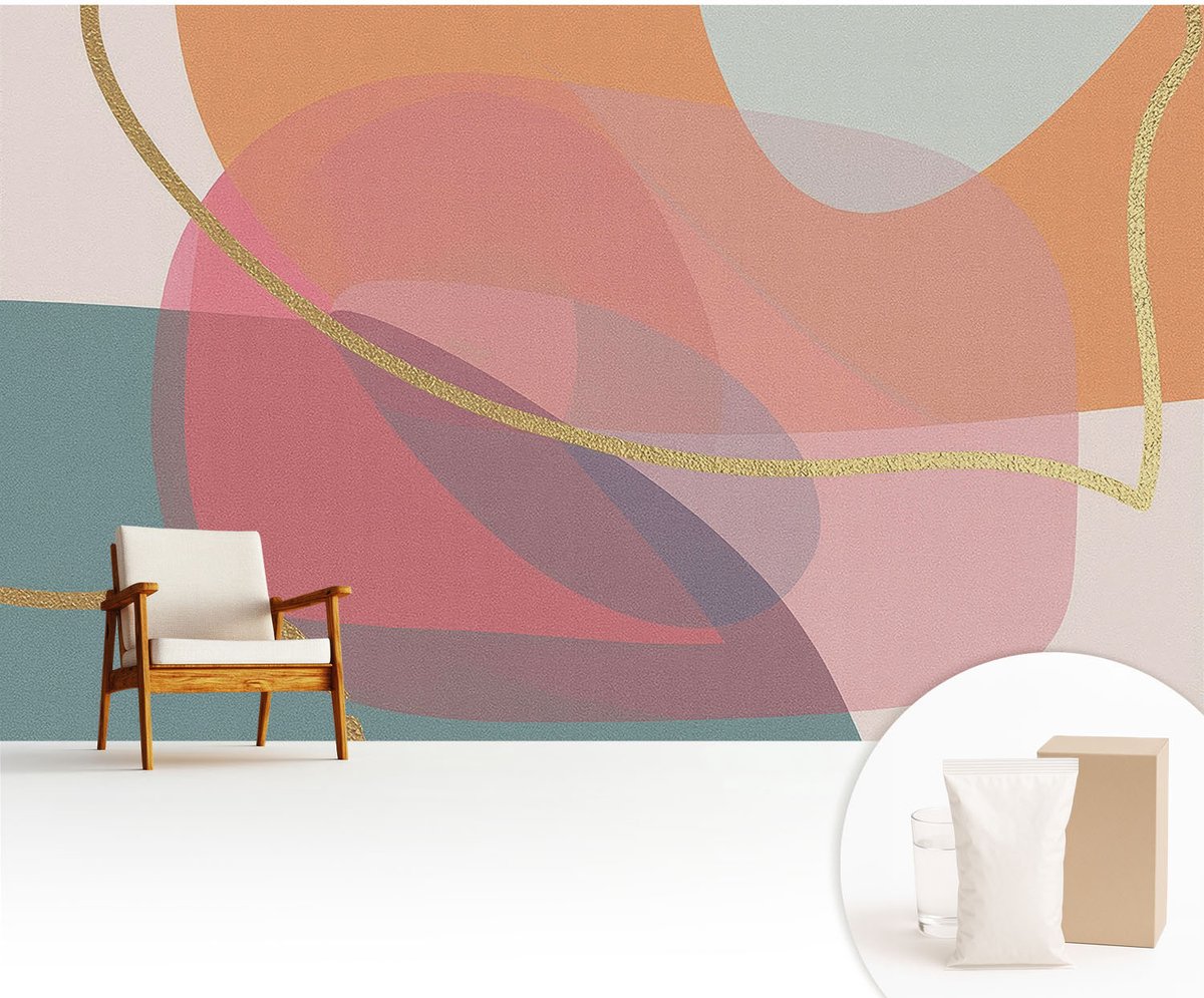 Wallfluent Fotobehang - Oranje Vliesbehang - 416x254 cm - Kleurrijke Vormen Muurschildering - Slaapkamer behang Abstractie - Fotobehang Vlies - Slaapkamer behang
