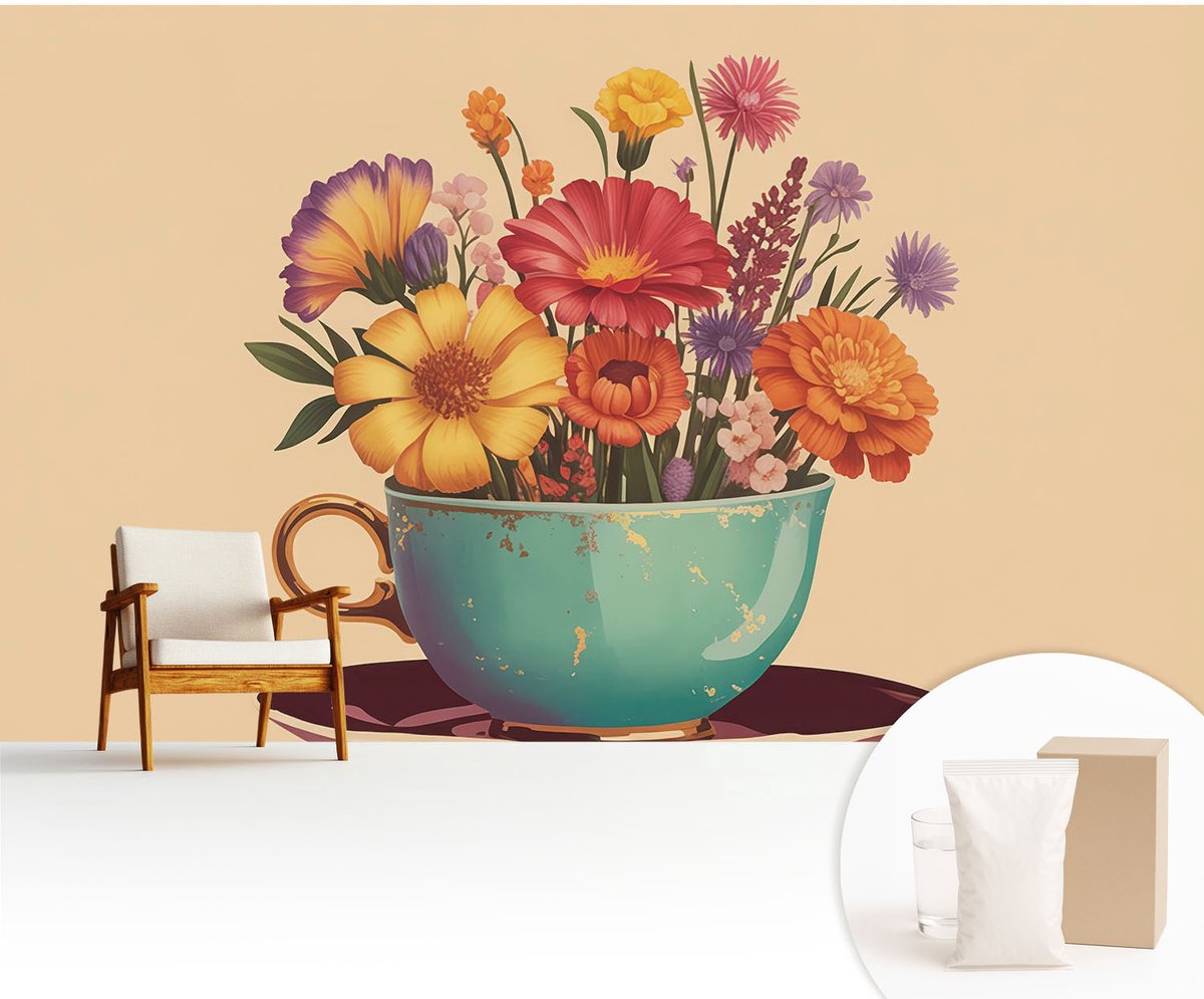 Wallfluent Fotobehang - Beige Vliesbehang - 416x254 cm - Een Kleurrijk Boeket Muurschildering - Gang behang Bloemen En Planten - Fotobehang Vlies - Slaapkamer behang