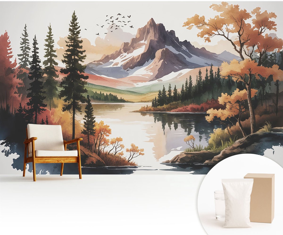 Wallfluent Fotobehang - Bruin Vliesbehang - 416x254 cm - Bergherfst Fotobehang Vlies - Woonkamer behang Landschappen - Muurschildering - Hal behang