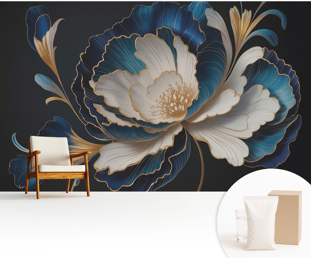 Wallfluent Fotobehang - Wit Vliesbehang - 416x254 cm - Bloemenpatroon Fotobehang Vlies - Hal behang Bloemen En Planten - Muurschildering - Woonkamer behang
