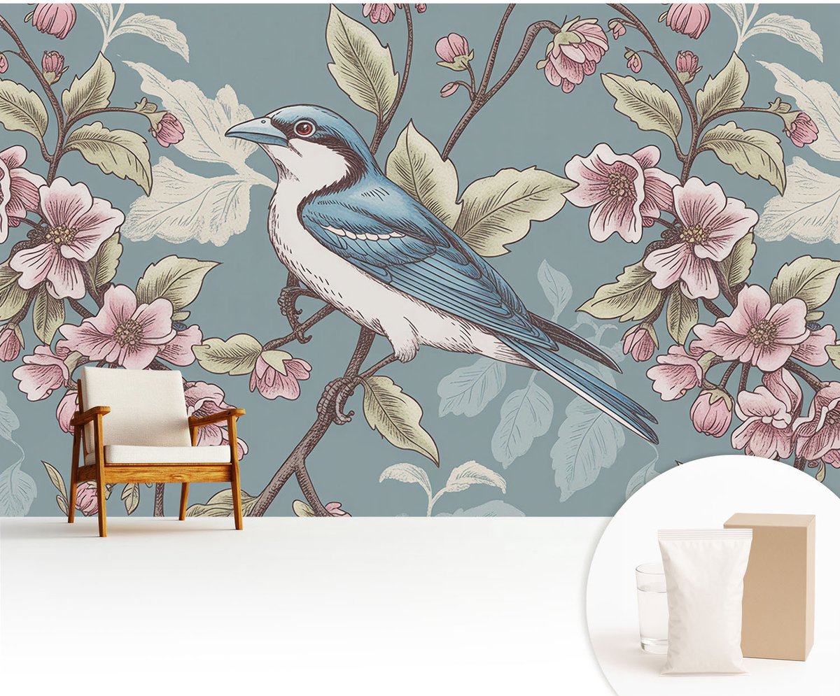 Wallfluent Fotobehang - Blauw Vliesbehang - 416x254 cm - Lente Harmonie Muurschildering - Gang behang Dieren - Fotobehang Vlies - Slaapkamer behang