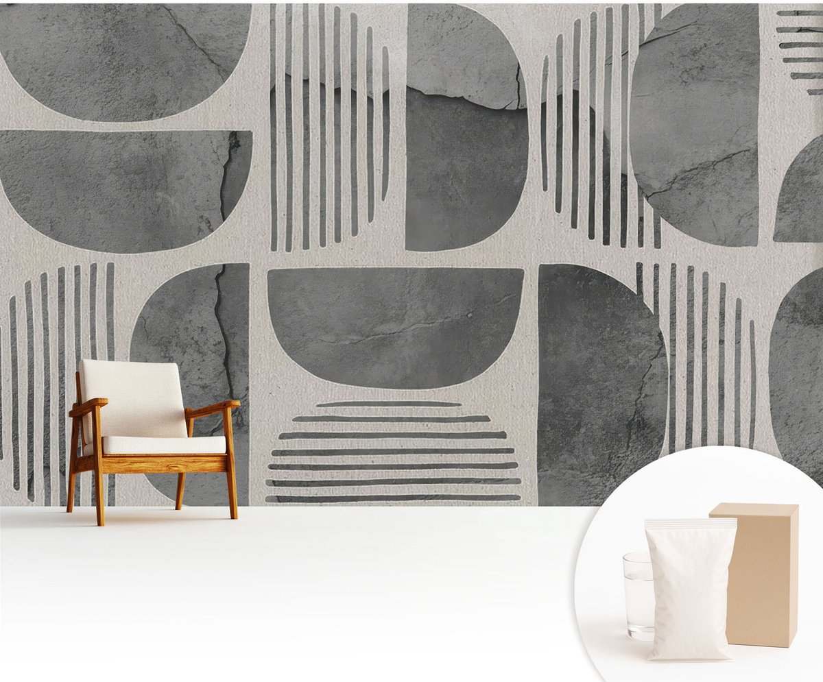 Wallfluent Fotobehang - Grijs Vliesbehang - 416x254 cm - Geometrische Vormen Muurschildering - Slaapkamer behang Abstractie - Fotobehang Vlies - Slaapkamer behang