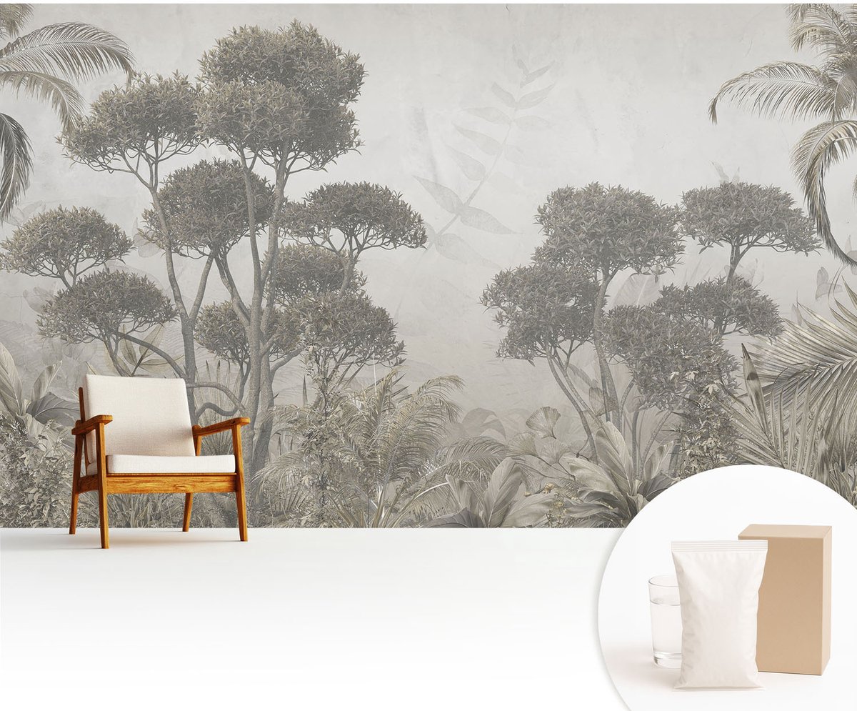 Wallfluent Fotobehang - Wit Vliesbehang - 416x254 cm - Tropische Jungle Muurschildering - Slaapkamer behang Bloemen En Planten - Fotobehang Vlies - Slaapkamer behang