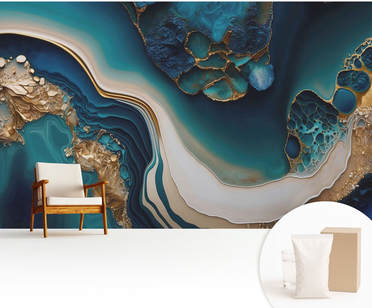 Wallfluent Fotobehang - Turkoois Vliesbehang - 416x254 cm - Kleurrijke Abstractie Fotobehang Vlies - Hal behang Abstractie - Muurschildering - Woonkamer behang