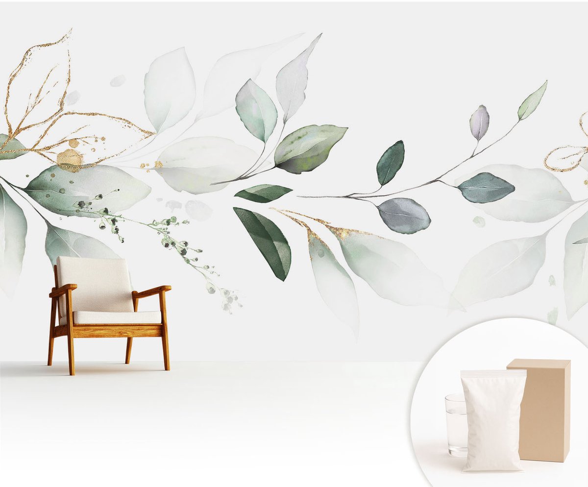 Wallfluent Fotobehang - Wit Vliesbehang - 416x254 cm - Groene Bladeren Fotobehang Vlies - Woonkamer behang Bloemen En Planten - Muurschildering - Hal behang
