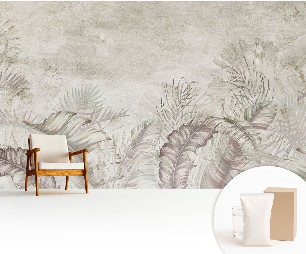 Wallfluent Fotobehang - Beige Vliesbehang - 416x254 cm - Decoratieve Bladeren Muurschildering - Gang behang Bloemen En Planten - Fotobehang Vlies - Slaapkamer behang