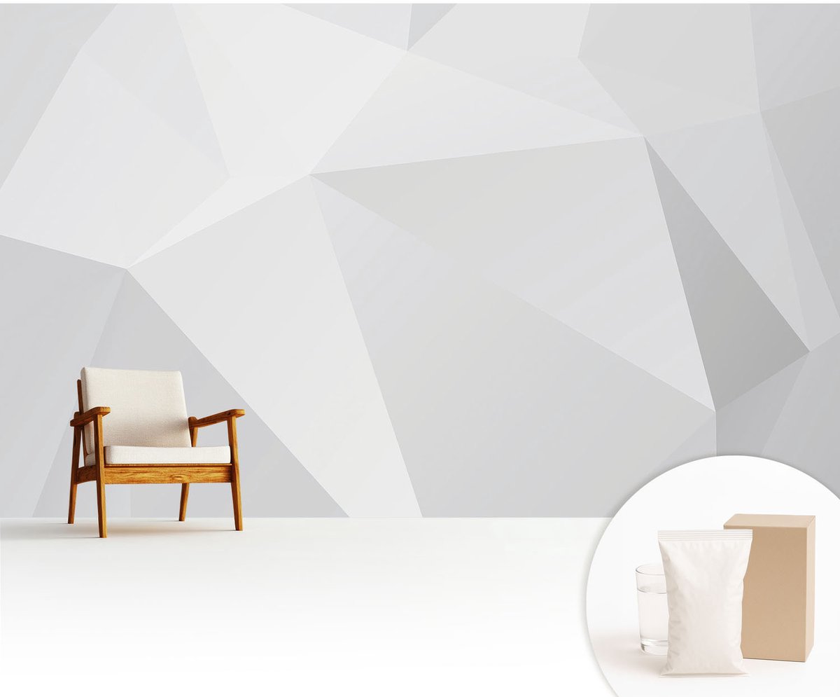 Wallfluent Fotobehang - Wit Vliesbehang - 416x254 cm - Grijze Driehoeken Muurschildering - Gang behang Geometrie - Fotobehang Vlies - Slaapkamer behang