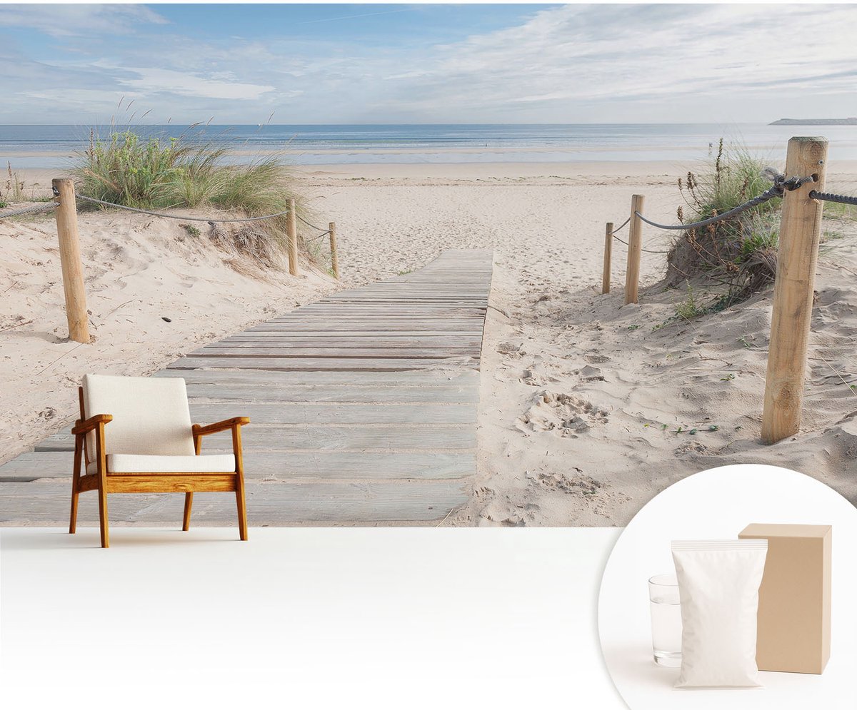 Wallfluent Fotobehang - Wit Vliesbehang - 416x254 cm - Houten Loopbrug Muurschildering - Slaapkamer behang Landschappen - Fotobehang Vlies - Slaapkamer behang