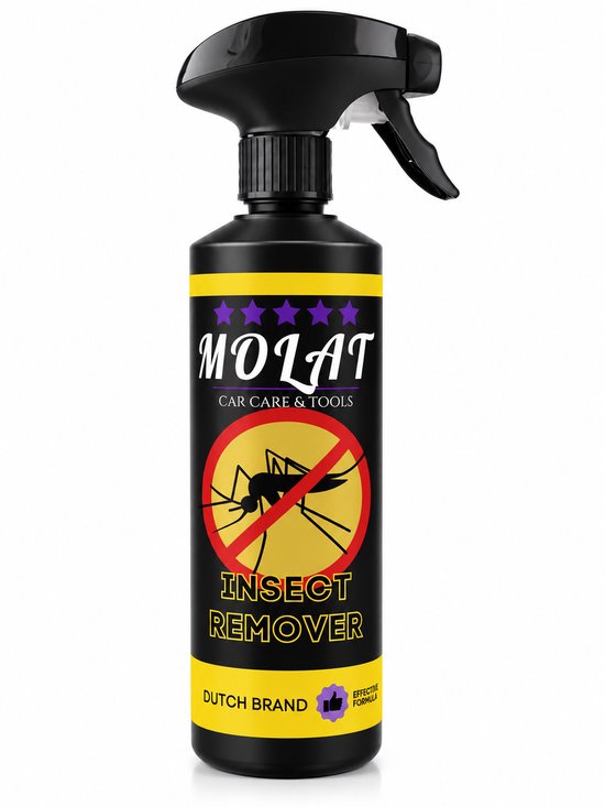 Zwarte spuitfles Molat Insect Remover met gele band en muggenlogo. "DUTCH BRAND" onderaan.