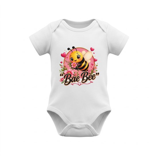 Witte babyromper met korte mouwen en een illustratie van een schattige bij met bloemen en de tekst Bae Bee.