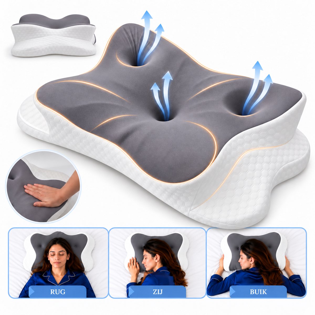 Zelrivo® Trio Vlinderkussen - Ergonomisch Hoofdkussen - 3 Zones Neksteun voor Nekklachten - Ademend - 2 Hoogtes - Voor Zijslaper Rugslaper Buikslaper - Traagschuim Memory Foam - Orthopedisch - Slaapkussen - Anti Snurk - 65x40cm
