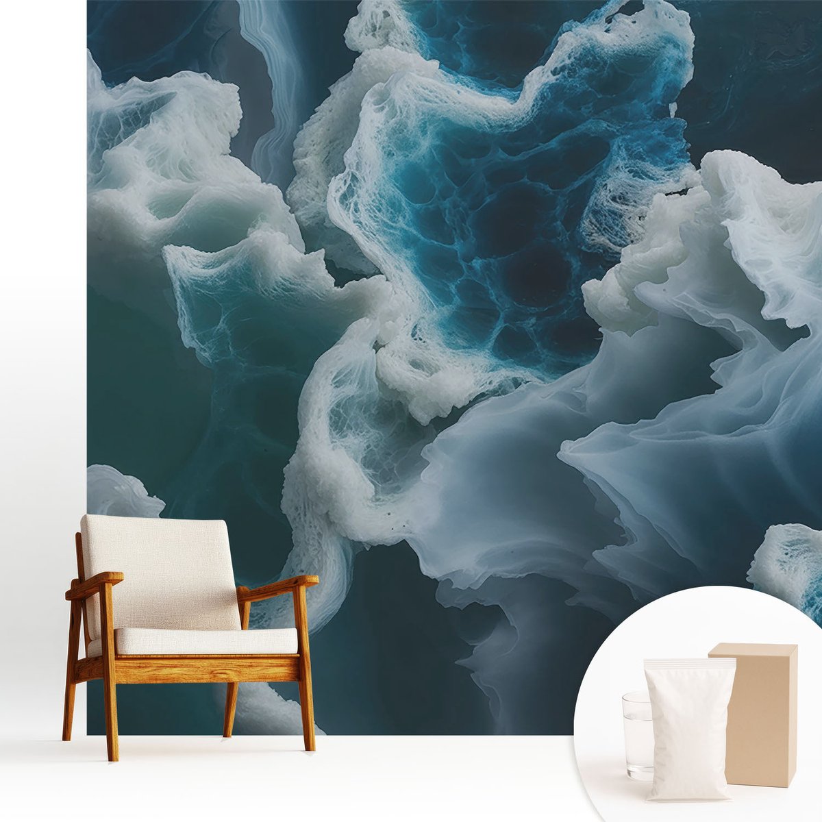 Wallfluent Fotobehang - Blauw Vliesbehang - 250x250 cm - Zeegolven Fotobehang Vlies - Hal behang Abstractie - Muurschildering - Hal behang