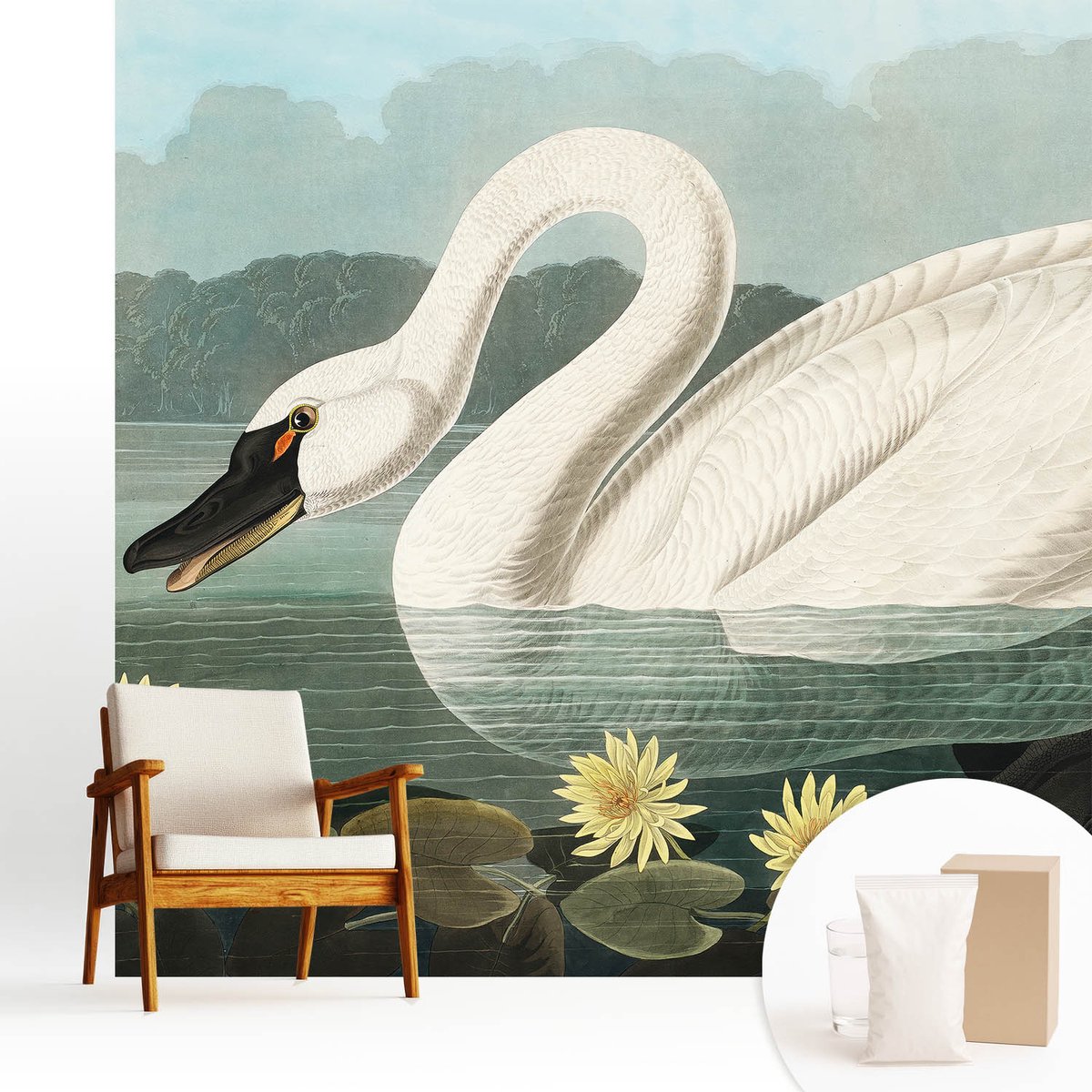 Wallfluent Fotobehang - Wit Vliesbehang - 250x250 cm - Zwaan En Waterlelies Fotobehang Vlies - Hal behang Dieren - Muurschildering - Woonkamer behang