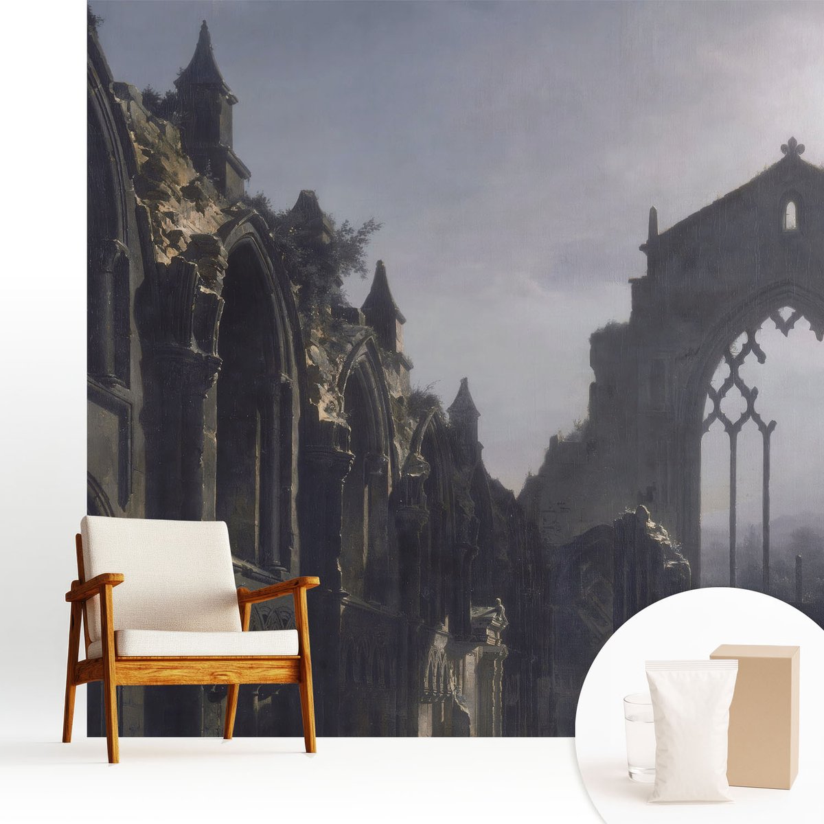 Wallfluent Fotobehang - Grijs Vliesbehang - 250x250 cm - Gotische Ruïnes Muurschildering - Slaapkamer behang Architectuur - Fotobehang Vlies - Gang behang