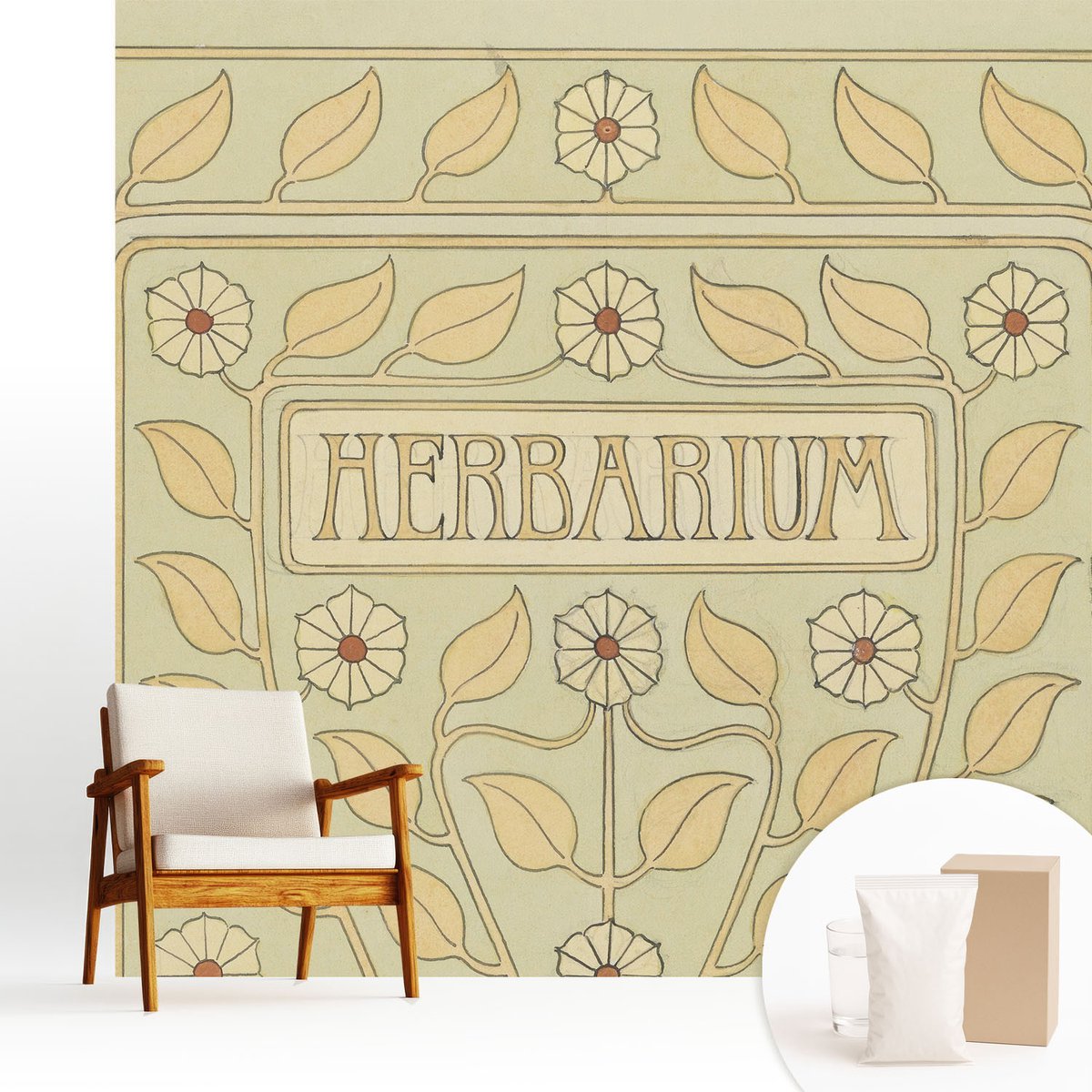 Wallfluent Fotobehang - Wit Vliesbehang - 250x250 cm - Plantenornament Muurschildering - Slaapkamer behang Bloemen En Planten - Fotobehang Vlies - Slaapkamer behang