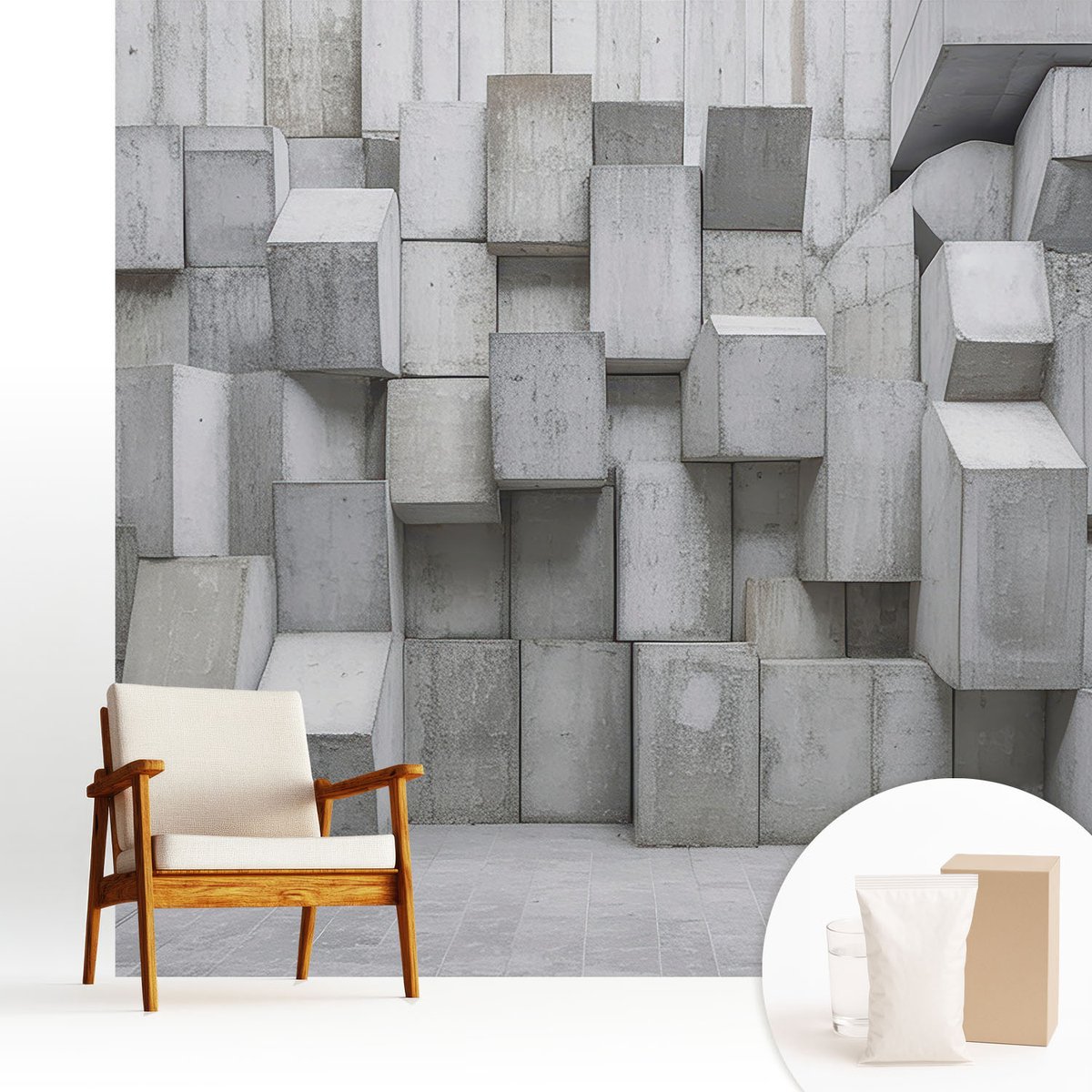 Wallfluent Fotobehang - Grijs Vliesbehang - 250x250 cm - Betonblokken Muurschildering - Slaapkamer behang Architectuur - Fotobehang Vlies - Slaapkamer behang