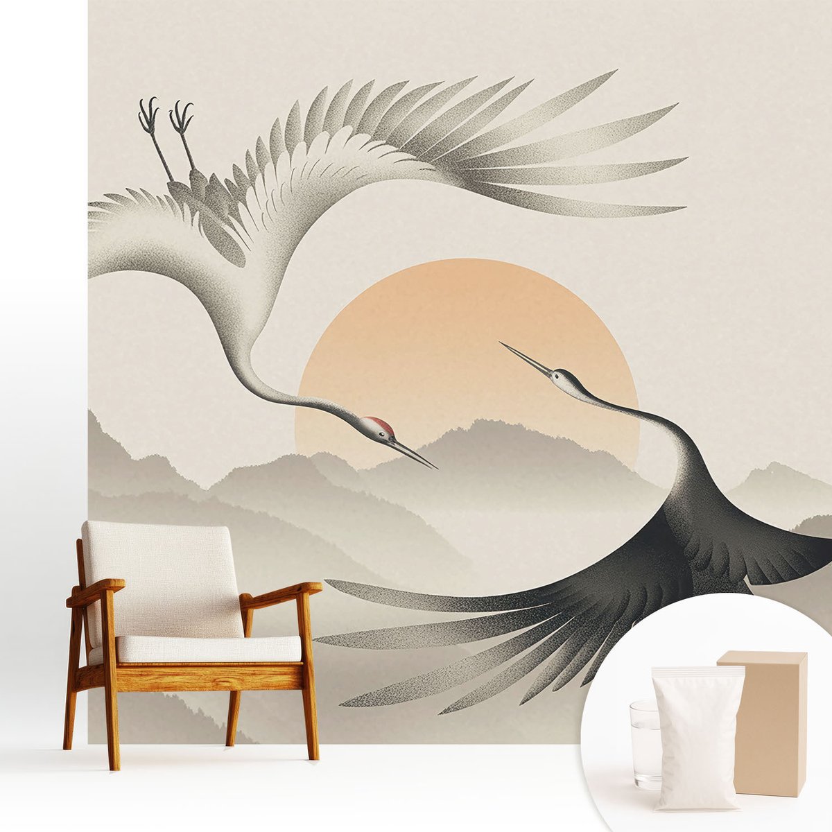 Wallfluent Fotobehang - Wit Vliesbehang - 250x250 cm - Oostelijke Kranen Muurschildering - Gang behang Landschappen - Fotobehang Vlies - Slaapkamer behang