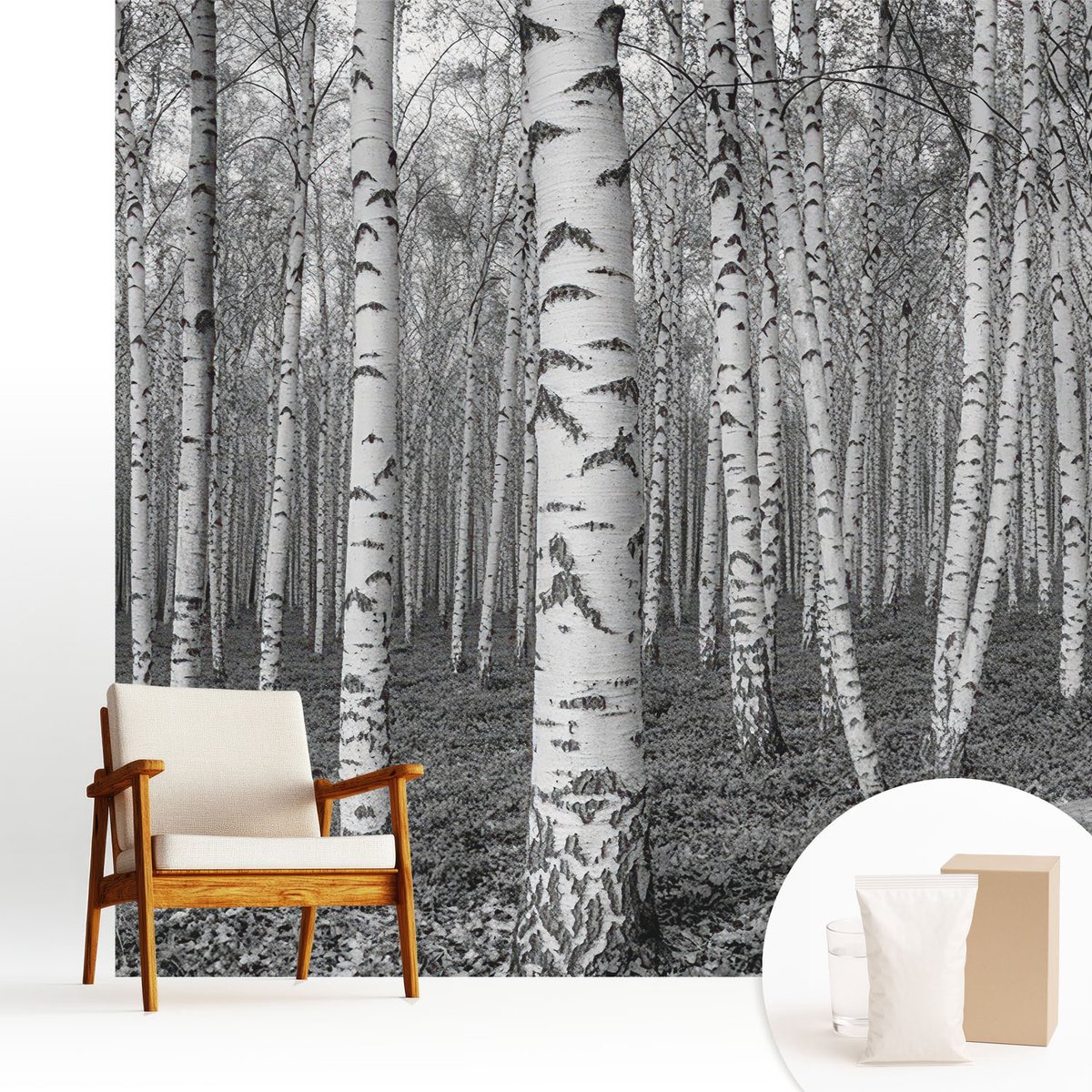 Wallfluent Fotobehang - Zwart-Wit Vliesbehang - 250x250 cm - Berkenbos Muurschildering - Slaapkamer behang Bloemen En Planten - Fotobehang Vlies - Slaapkamer behang