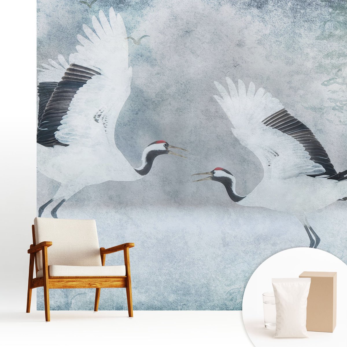 Wallfluent Fotobehang - Wit Vliesbehang - 250x250 cm - Harmonieuze Kraanvogels Fotobehang Vlies - Woonkamer behang Dieren - Muurschildering - Woonkamer behang