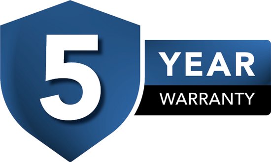 Logo met een grote witte 5 in een blauw schild, met ernaast een rechthoek met 'YEAR WARRANTY' in witte letters.