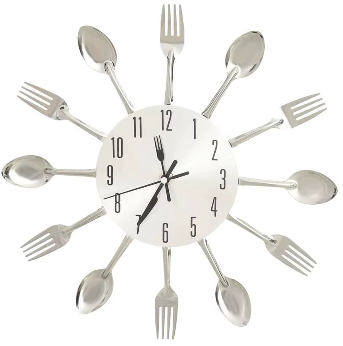 Wandklok 31 cm – Bestek Design met Lepels en Vorken – Zilverkleurige Keukenklok – Decoratieve Wandklok voor Keuken en Eetkamer