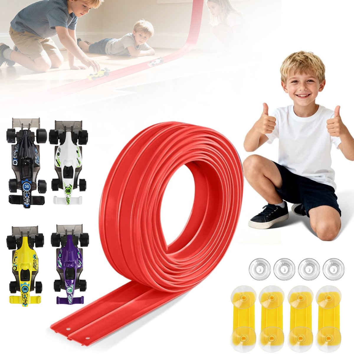 Inertia Racebaan Set - Flexibele Auto Racetrack - 5 m Racebaan - Interactief Speelgoed - Auto Speelgoed - met 4 Auto's - DIY - Educatief - Zwaartekracht Aangedreven - Autobaan Voor Kinderen - Voor 3+ jaar