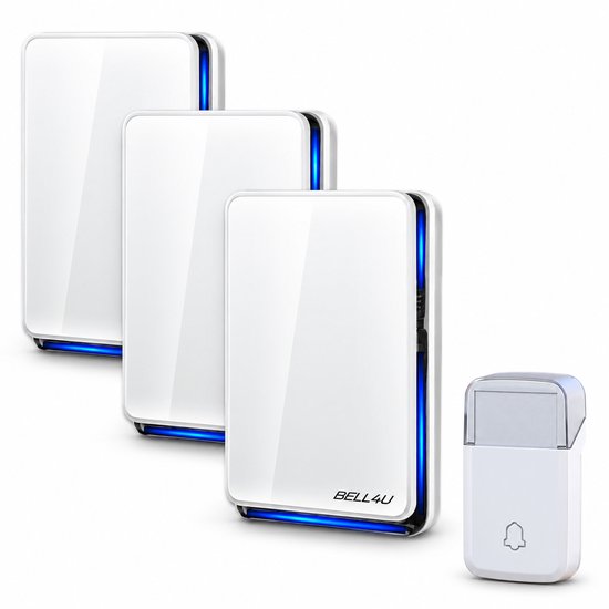 Drie witte Bell4U ontvangers met blauwe led-verlichting naast een witte deurbelknop.