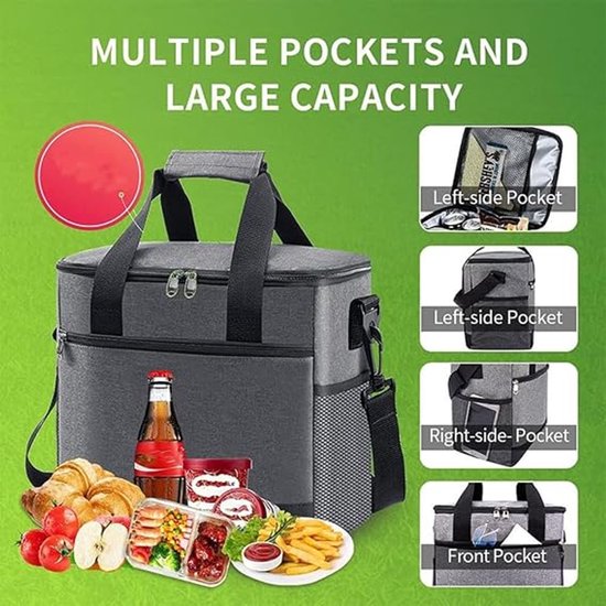 Geïsoleerde lunchtas van 15 liter met schouderriem, picknickkoeltas met ingebouwd koelelement, lekvrij en opvouwbaar, lichtgewicht (300 g), geschikt voor werk en reizen. Afmetingen: 32,4 x 26,4 x 19,9 cm, klein, grijs. — afbeelding 4