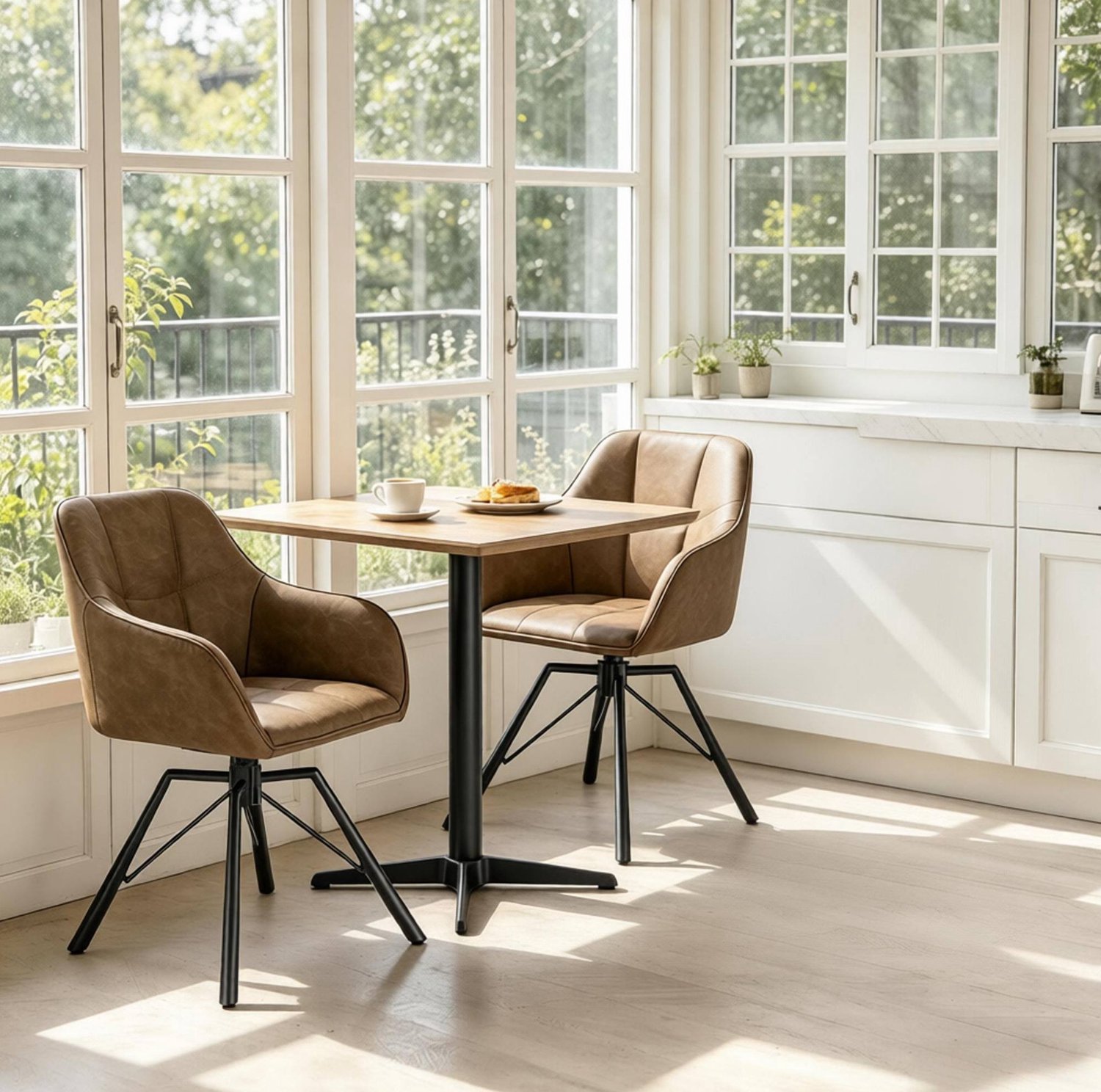WUVRIE Draaibare eetkamerstoelen - 360° draaibaar met armleuningen - Kunstleer en metaal - Bruin - Set van 2