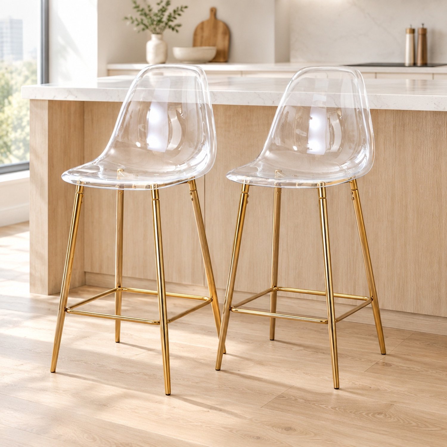 WUVRIE Transparante barkruk set van 2 - Gouden metalen onderstel en rugleuning - 65 cm zithoogte Gold