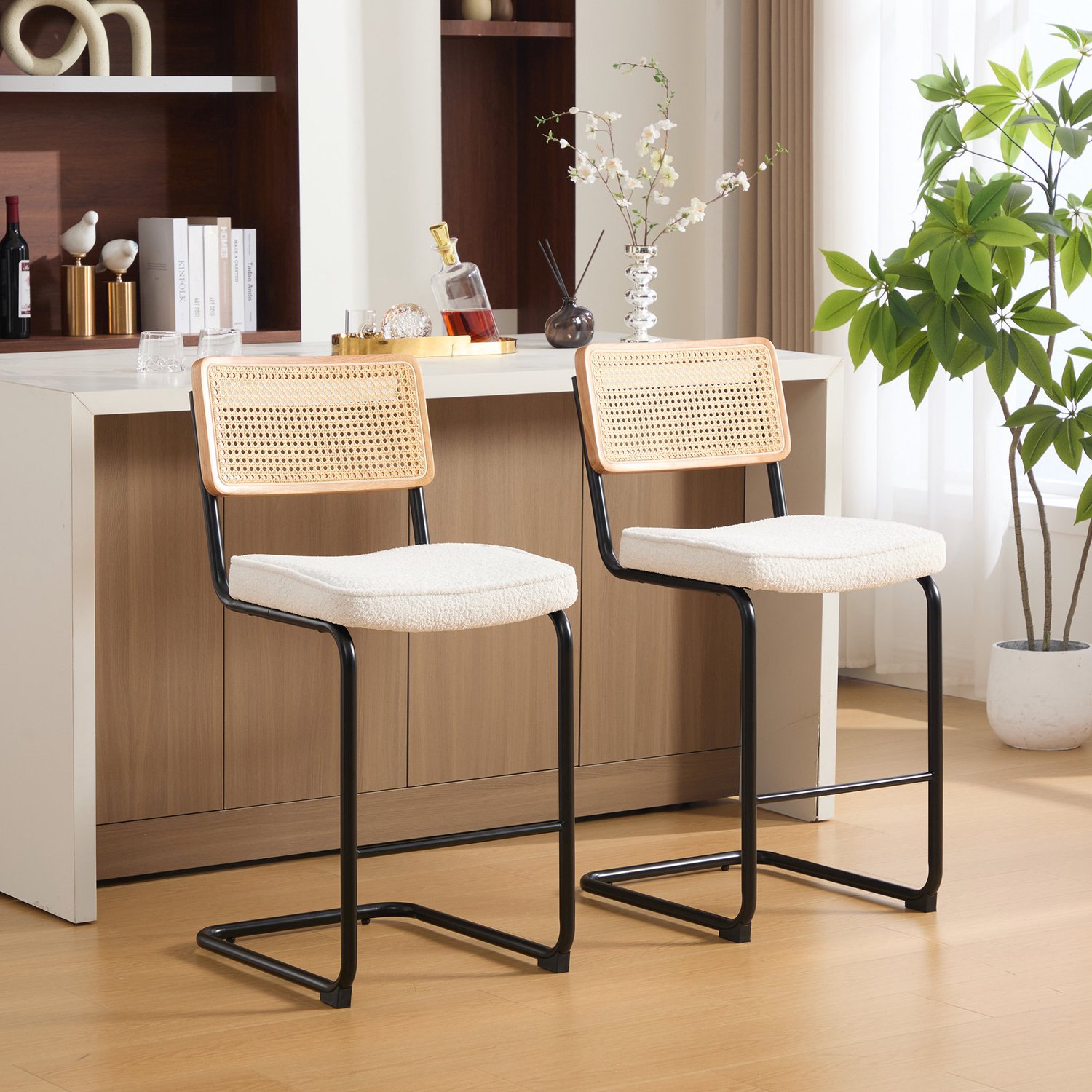 WUVRIE Barkruk set van 2, 98 cm hoog - Chenille zitting en rattan-look rugleuning - Ivoor