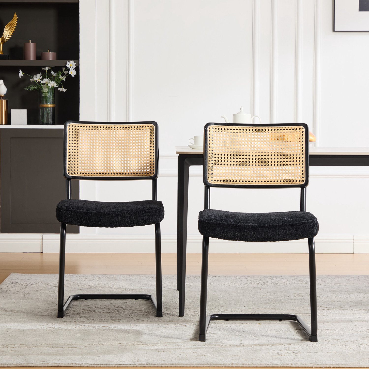 WUVRIE Set van 2 eetkamerstoelen - Rotan rugleuning en chenille zitting - Zwart metalen frame