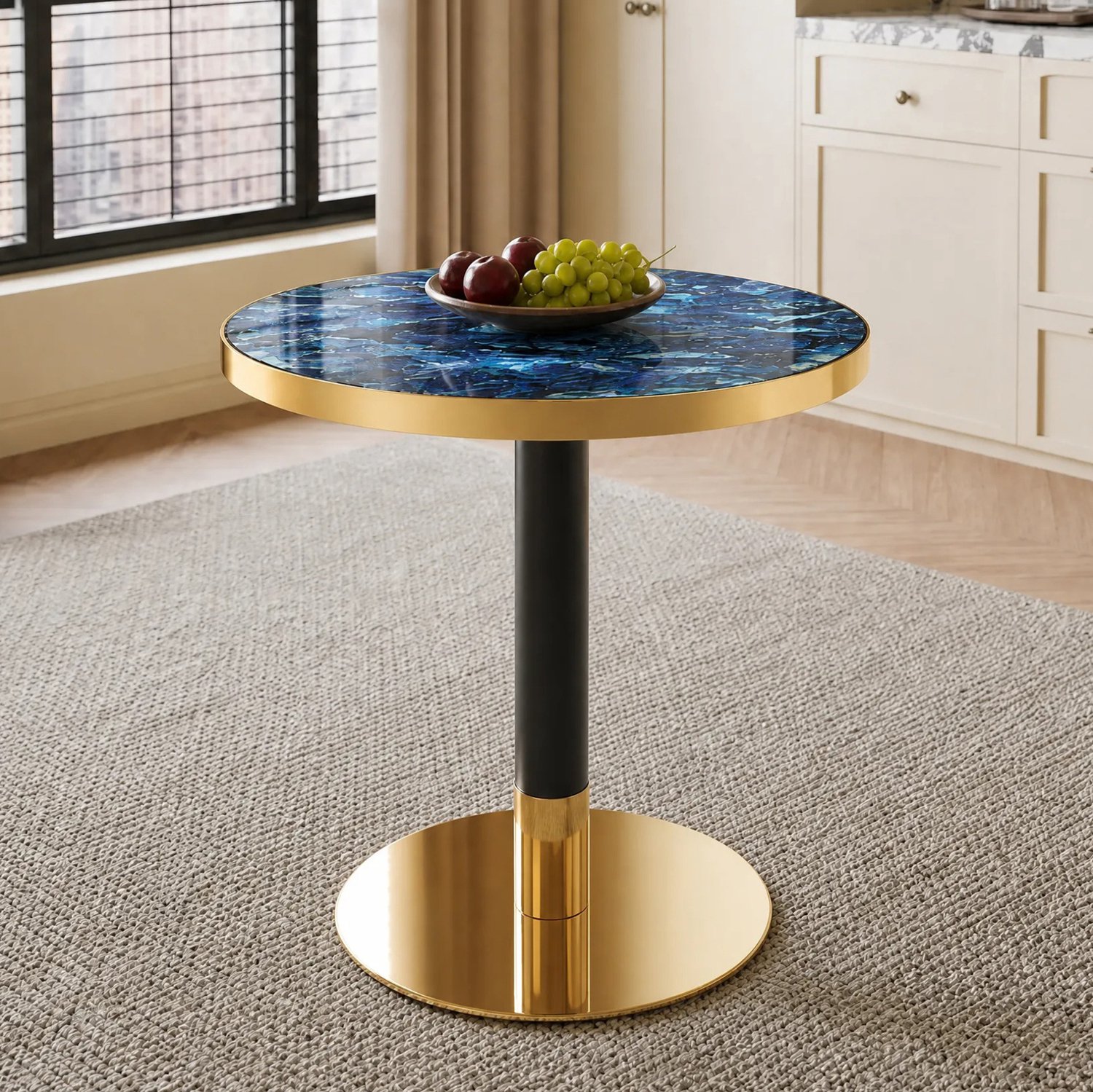 WUVRIE Ronde bijzettafel Ø 60 cm, H 73,7 cm - Marmereffect met gouden rand - Blauw