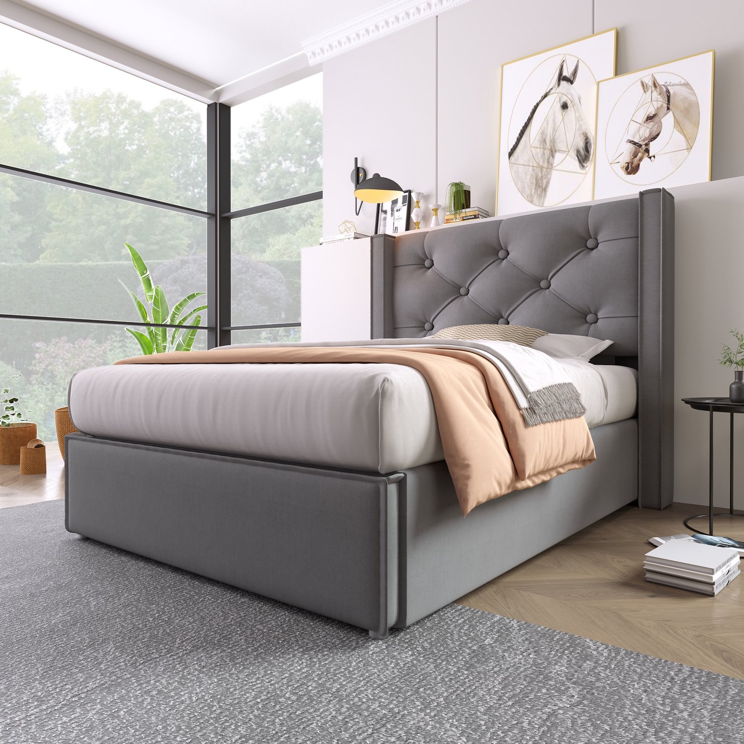 Gestoffeerd Eenpersoonsbed 90x200 cm - Bed Met Hydraulische Opbergruimte - Gecapitonneerd Hoofdbord En Katoenen Bekleding - Grijs