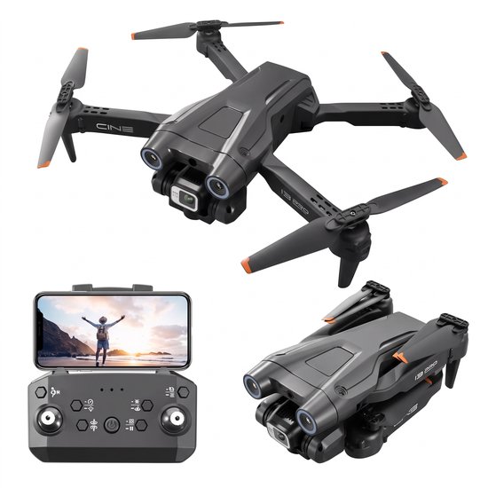 Grijze i3 Pro drone, uitgevouwen en opgevouwen, met afstandsbediening en live videobeeld.