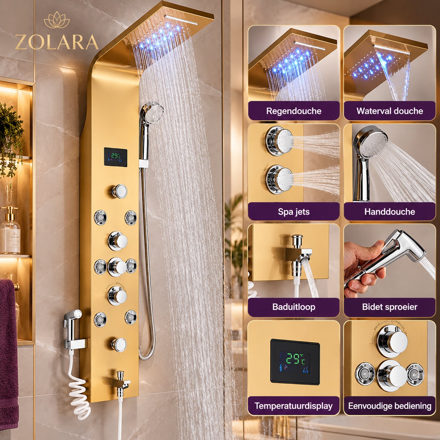 Zolara Luxe Gouden Douchepaneel - LED - Regendouche & Watervaldouche - Massagejets - Handdouche - Badkraan - Bidetsproeier - Thermostaat - Luxe Douchekolom - 128 cm